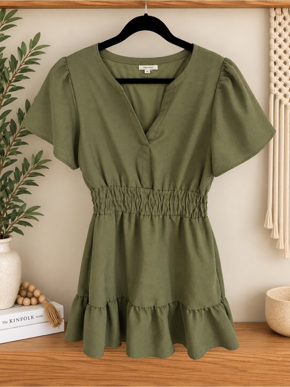 Olive Green Short Sleeve Ruffle Hem Dress